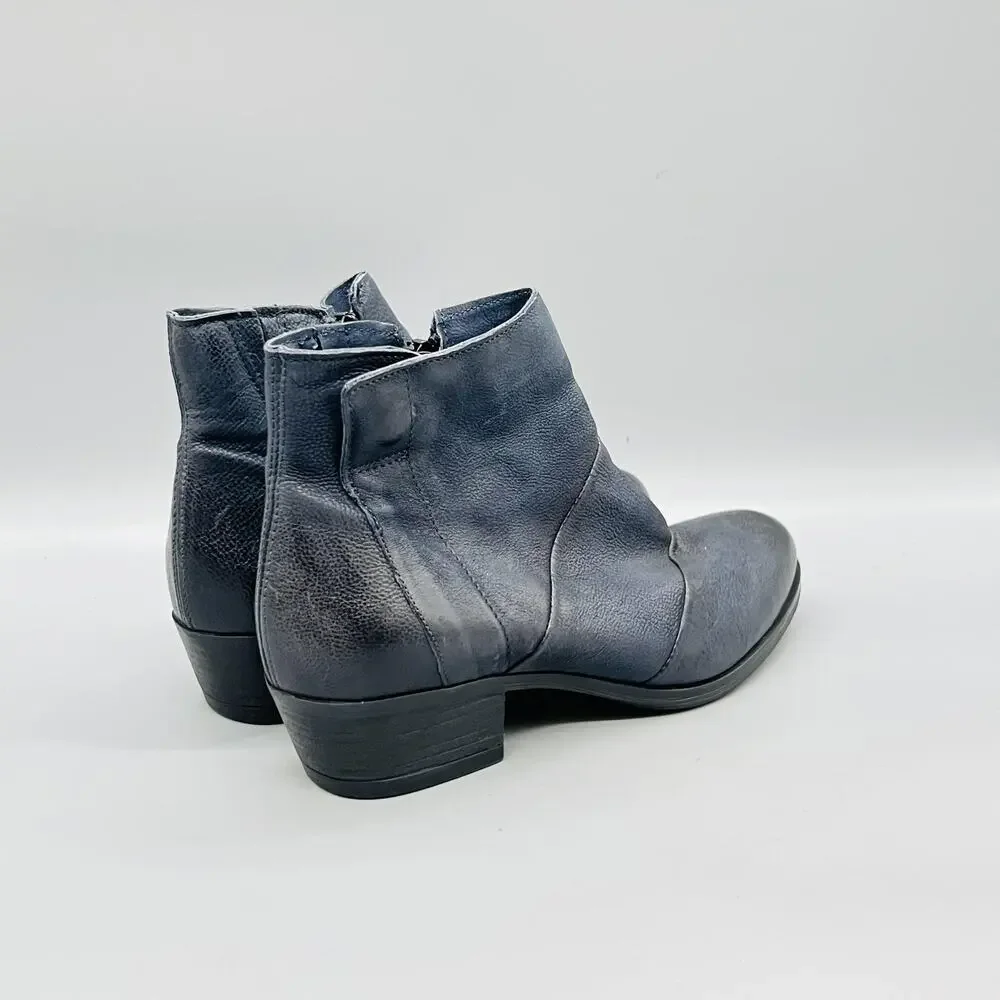Miz Mooz Boots Womens 7.5 Blue Leather Ankle Zip Low Block Heel Booties Shoes